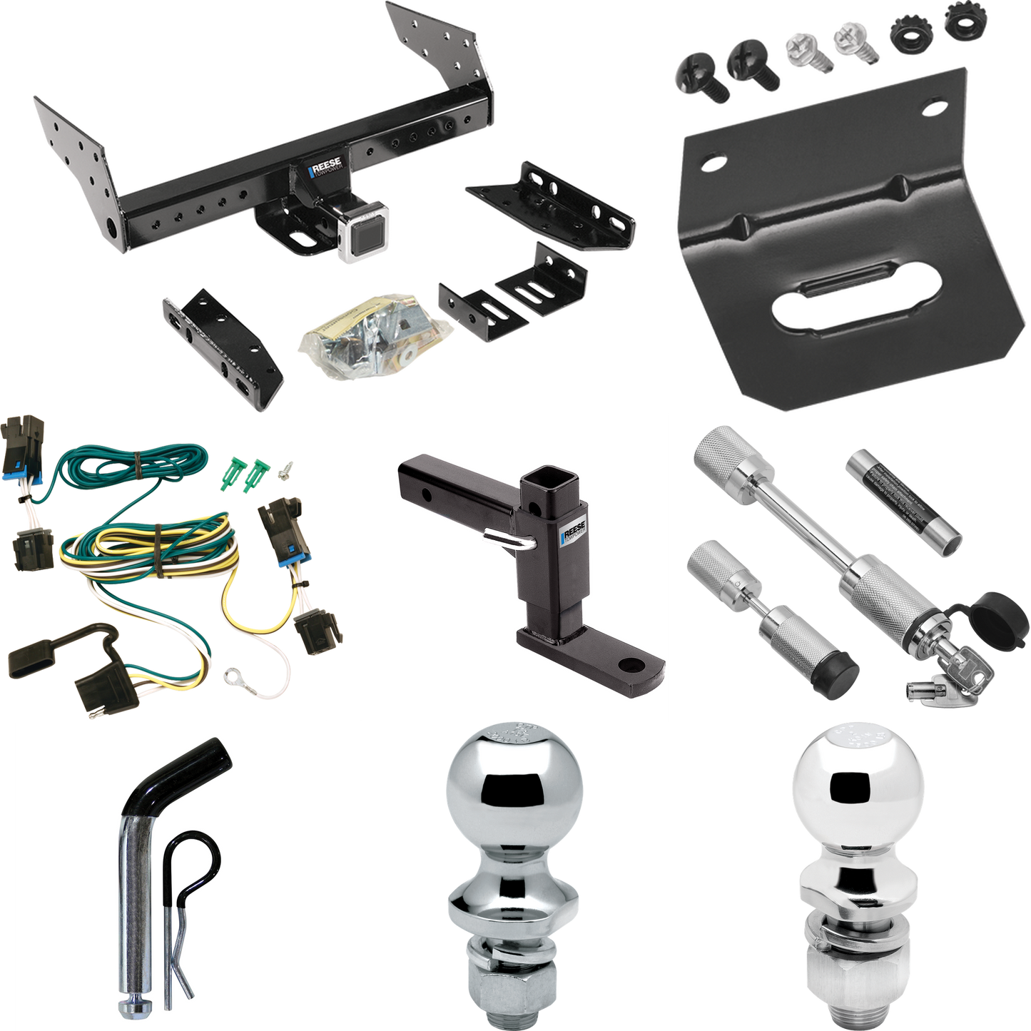 Fits 2003-2023 GMC Savana 3500 Trailer Hitch Tow PKG w/ 4-Flat Wiring Harness + Adjustable Drop Rise Ball Mount + Pin/Clip + 2" Ball + 1-7/8" Ball + Dual Hitch & Coupler Locks By Reese Towpower