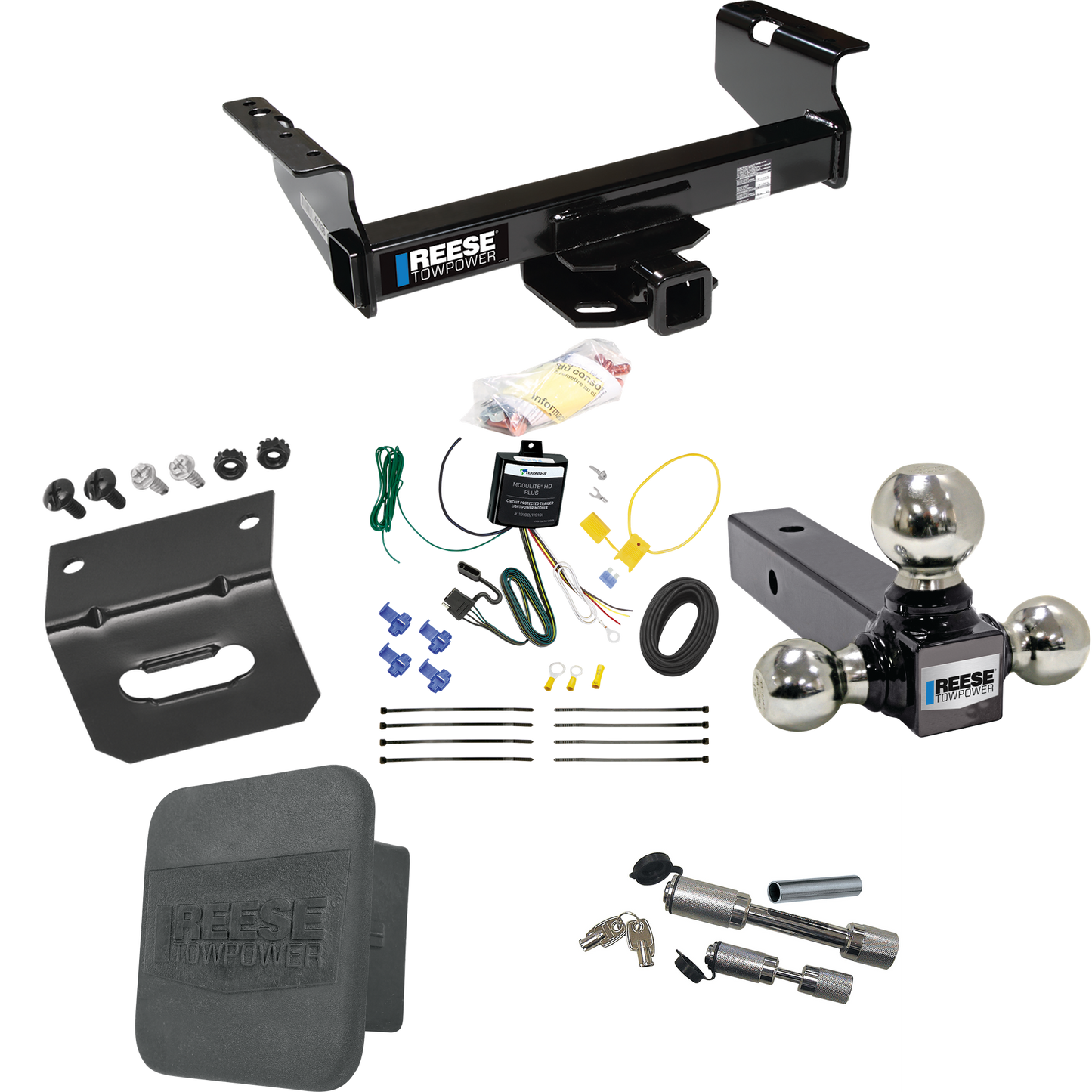 Fits 2007-2023 GMC Sierra 3500 HD Trailer Hitch Tow PKG w/ 4-Flat Wiring Harness + Triple Ball Ball Mount 1-7/8" & 2" & 2-5/16" Trailer Balls + Dual Hitch & Coupler Locks + Hitch Cover + Wiring Bracket (For Cab & Chassis, w/34" Wide Frames Models) By