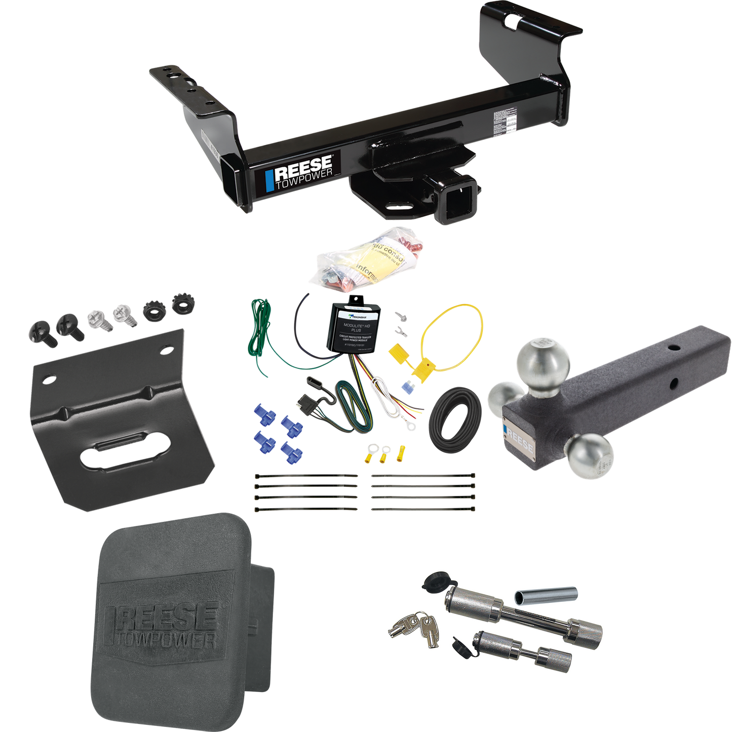 Fits 2007-2023 GMC Sierra 3500 HD Trailer Hitch Tow PKG w/ 4-Flat Wiring Harness + Triple Ball Ball Mount 1-7/8" & 2" & 2-5/16" Trailer Balls + Dual Hitch & Coupler Locks + Hitch Cover + Wiring Bracket (For Cab & Chassis, w/34" Wide Frames Models) By