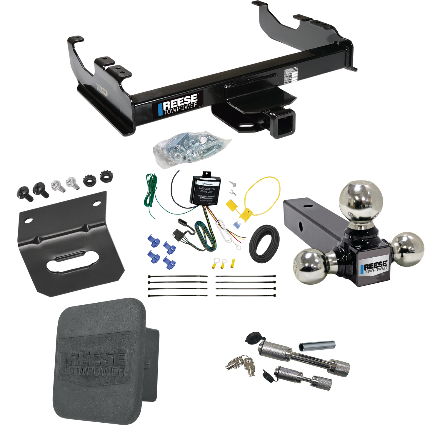 Fits 2007-2023 GMC Sierra 3500 HD Trailer Hitch Tow PKG w/ 4-Flat Wiring Harness + Triple Ball Ball Mount 1-7/8" & 2" & 2-5/16" Trailer Balls + Dual Hitch & Coupler Locks + Hitch Cover + Wiring Bracket (For Cab & Chassis, w/34" Wide Frames Models) By