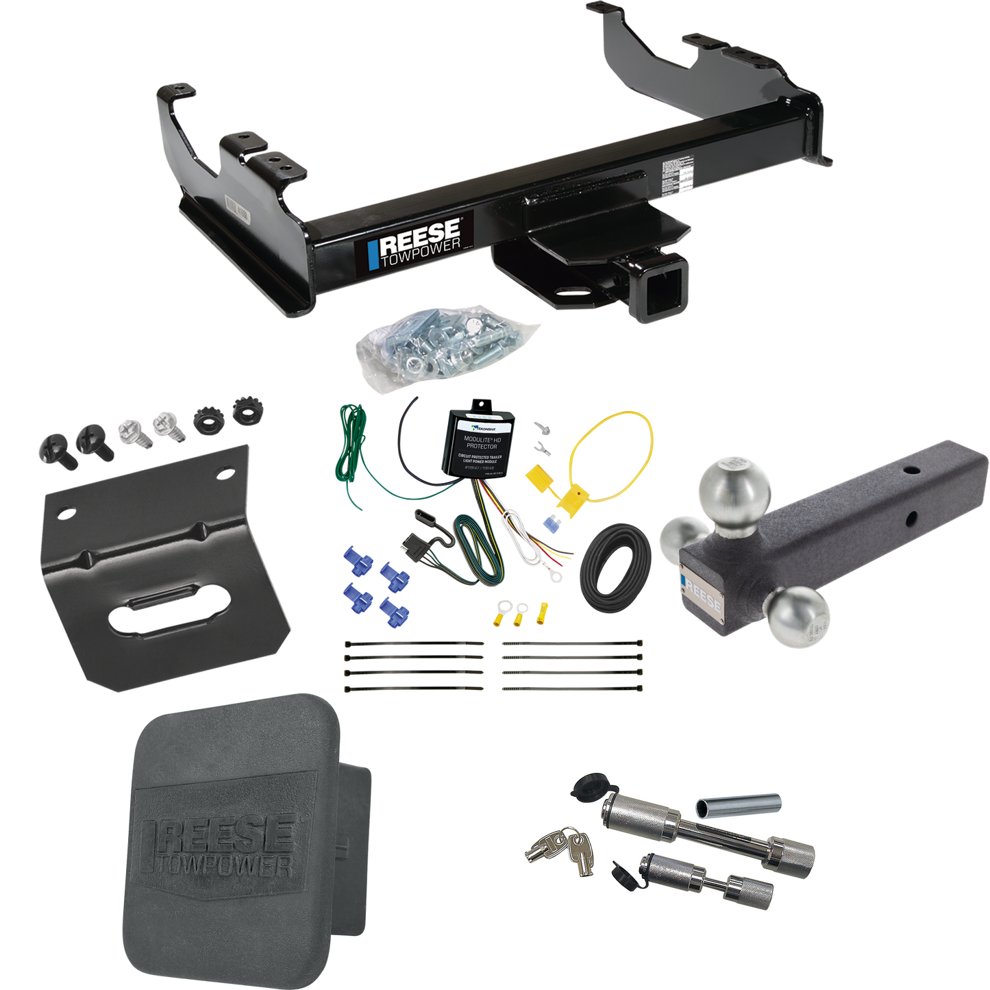 Fits 2007-2023 GMC Sierra 3500 HD Trailer Hitch Tow PKG w/ 4-Flat Wiring Harness + Triple Ball Ball Mount 1-7/8" & 2" & 2-5/16" Trailer Balls + Dual Hitch & Coupler Locks + Hitch Cover + Wiring Bracket (For Cab & Chassis, w/34" Wide Frames Models) By