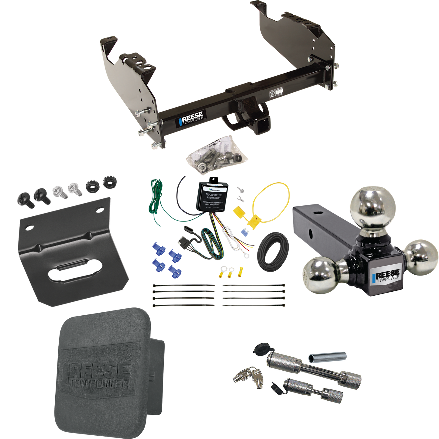 Fits 2007-2023 GMC Sierra 3500 HD Trailer Hitch Tow PKG w/ 4-Flat Wiring Harness + Triple Ball Ball Mount 1-7/8" & 2" & 2-5/16" Trailer Balls + Dual Hitch & Coupler Locks + Hitch Cover + Wiring Bracket (For Cab & Chassis, w/34" Wide Frames Models) By