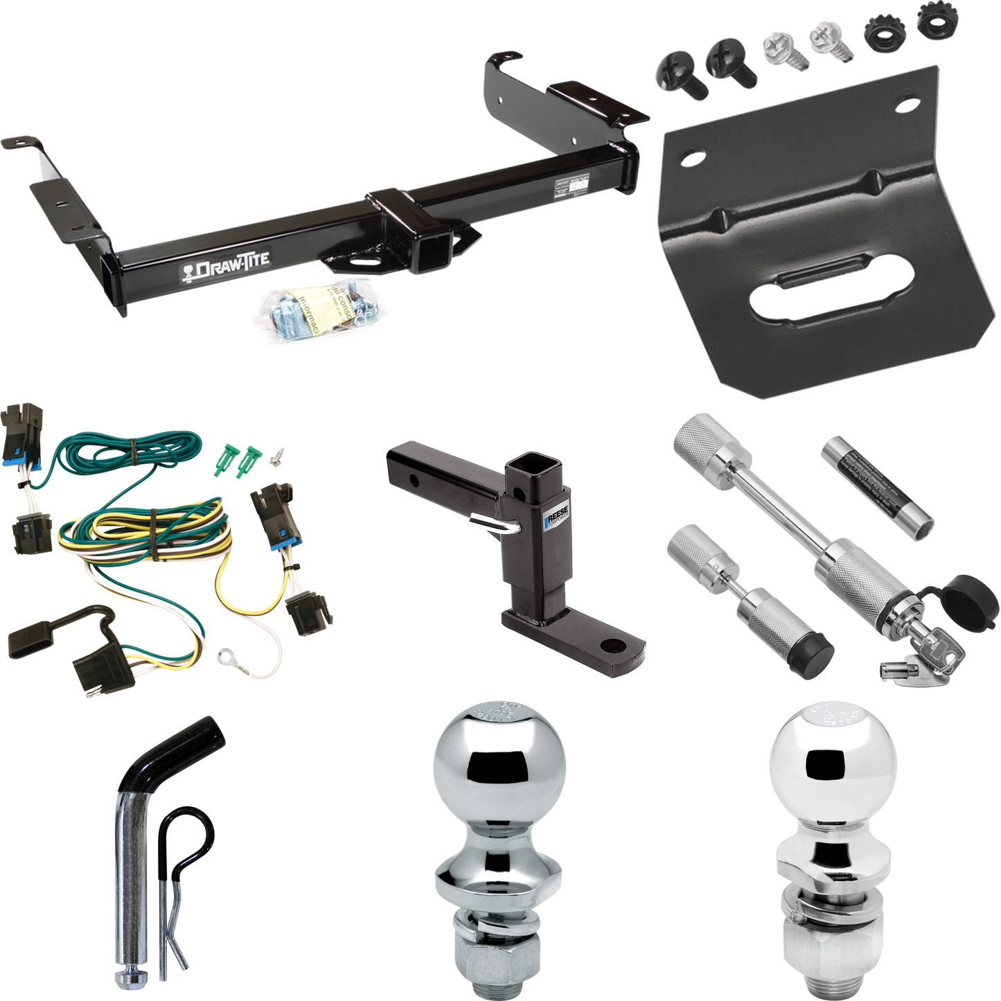 Fits 2003-2023 GMC Savana 2500 Trailer Hitch Tow PKG w/ 4-Flat Wiring Harness + Adjustable Drop Rise Ball Mount + Pin/Clip + 2" Ball + 1-7/8" Ball + Dual Hitch & Coupler Locks By Draw-Tite