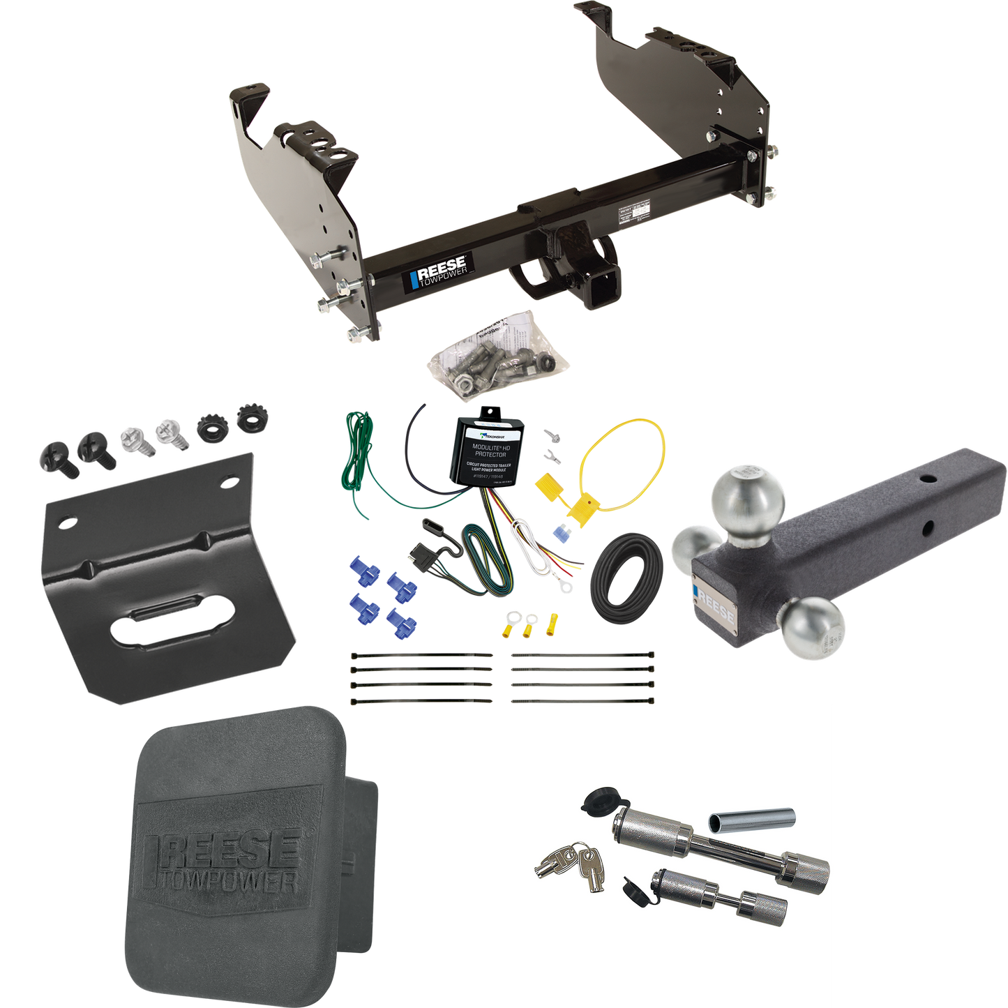 Fits 2007-2023 GMC Sierra 3500 HD Trailer Hitch Tow PKG w/ 4-Flat Wiring Harness + Triple Ball Ball Mount 1-7/8" & 2" & 2-5/16" Trailer Balls + Dual Hitch & Coupler Locks + Hitch Cover + Wiring Bracket (For Cab & Chassis, w/34" Wide Frames Models) By