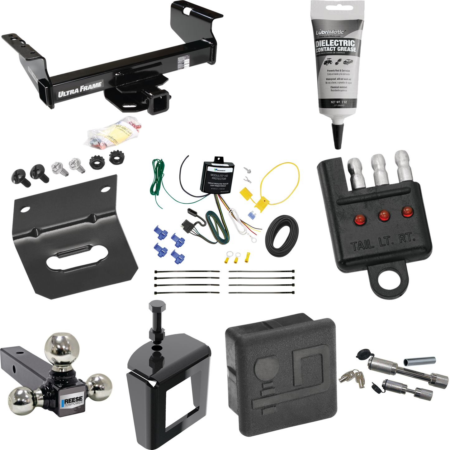 Fits 2007-2024 GMC Sierra 3500 HD Trailer Hitch Tow PKG w/ 4-Flat Wiring Harness + Triple Ball Ball Mount 1-7/8" & 2" & 2-5/16" Trailer Balls + Dual Hitch & Coupler Locks + Hitch Cover + Wiring Bracket + Wiring Tester + Electric Grease + Anti Rattle