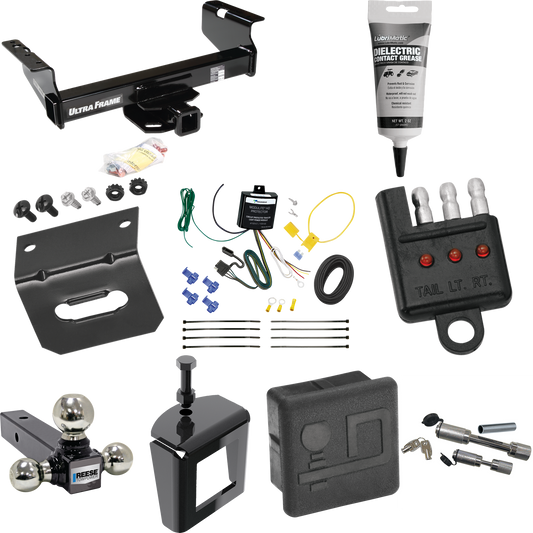 Fits 2007-2024 GMC Sierra 3500 HD Trailer Hitch Tow PKG w/ 4-Flat Wiring Harness + Triple Ball Ball Mount 1-7/8" & 2" & 2-5/16" Trailer Balls + Dual Hitch & Coupler Locks + Hitch Cover + Wiring Bracket + Wiring Tester + Electric Grease + Anti Rattle