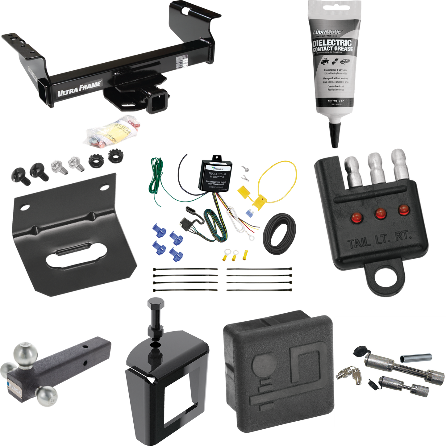 Fits 2007-2024 GMC Sierra 3500 HD Trailer Hitch Tow PKG w/ 4-Flat Wiring Harness + Triple Ball Ball Mount 1-7/8" & 2" & 2-5/16" Trailer Balls + Dual Hitch & Coupler Locks + Hitch Cover + Wiring Bracket + Wiring Tester + Electric Grease + Anti Rattle