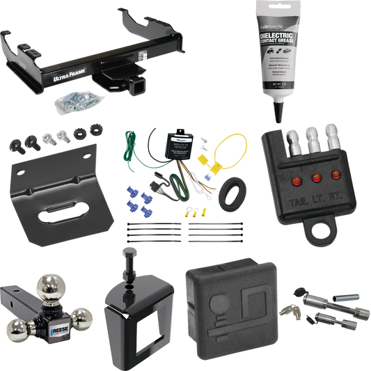 Fits 2007-2023 GMC Sierra 3500 HD Trailer Hitch Tow PKG w/ 4-Flat Wiring Harness + Triple Ball Ball Mount 1-7/8" & 2" & 2-5/16" Trailer Balls + Dual Hitch & Coupler Locks + Hitch Cover + Wiring Bracket + Wiring Tester + Electric Grease + Anti Rattle