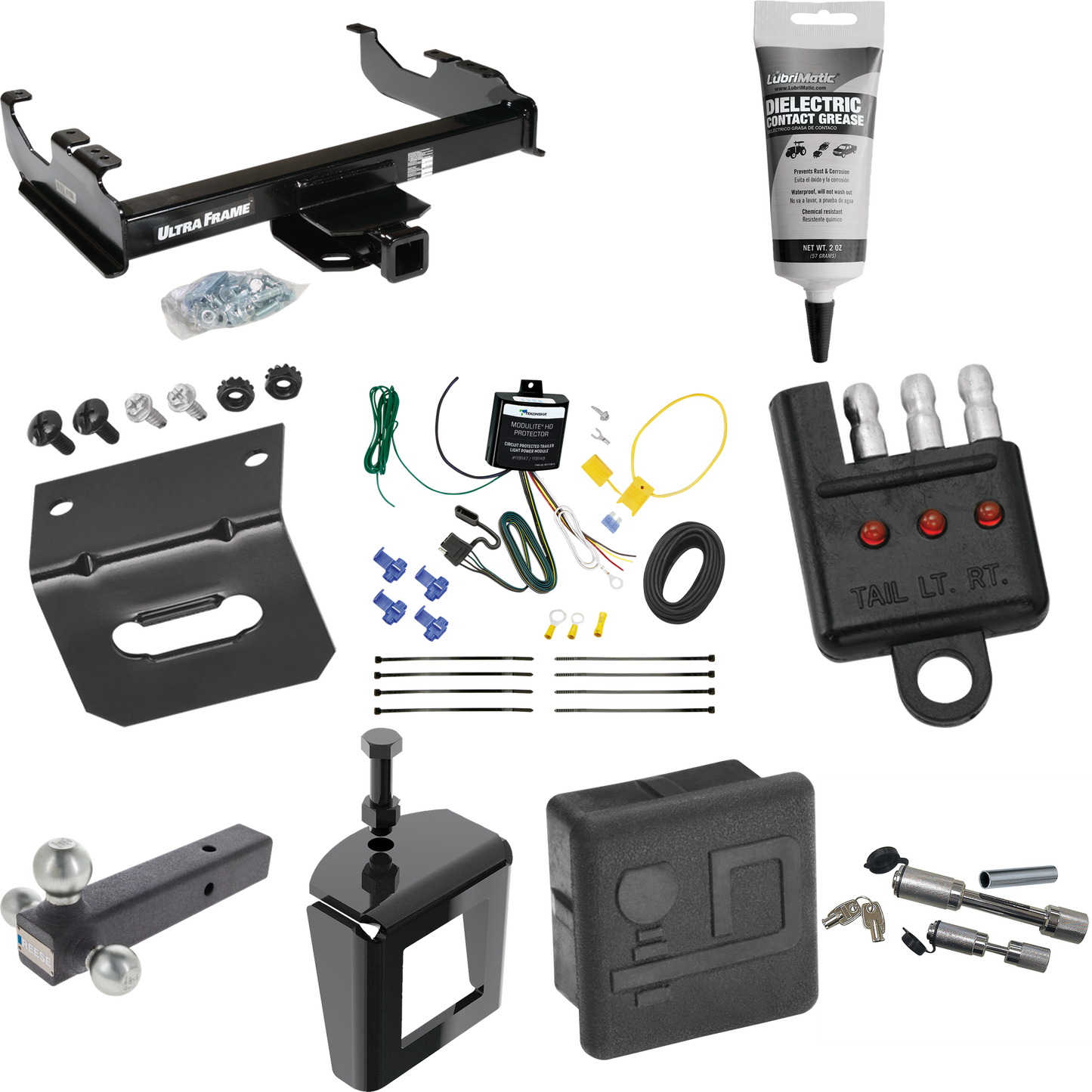 Fits 2007-2023 GMC Sierra 3500 HD Trailer Hitch Tow PKG w/ 4-Flat Wiring Harness + Triple Ball Ball Mount 1-7/8" & 2" & 2-5/16" Trailer Balls + Dual Hitch & Coupler Locks + Hitch Cover + Wiring Bracket + Wiring Tester + Electric Grease + Anti Rattle