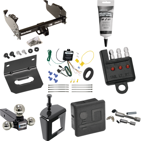 Fits 2007-2024 GMC Sierra 3500 HD Trailer Hitch Tow PKG w/ 4-Flat Wiring Harness + Triple Ball Ball Mount 1-7/8" & 2" & 2-5/16" Trailer Balls + Dual Hitch & Coupler Locks + Hitch Cover + Wiring Bracket + Wiring Tester + Electric Grease + Anti Rattle