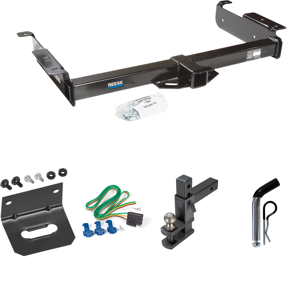 Fits 1996-1999 Chevrolet Express 3500 Trailer Hitch Tow PKG w/ 4-Flat Wiring Harness + Adjustable Drop Rise Clevis Hitch Ball Mount w/ 2" Ball + Pin/Clip + Wiring Bracket By Reese Towpower