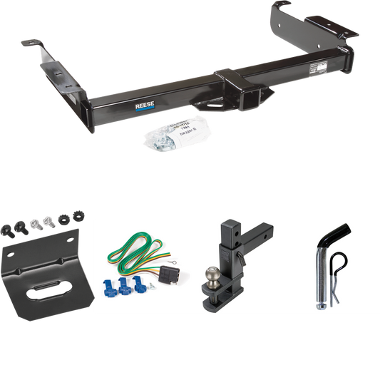 Fits 1996-1999 Chevrolet Express 3500 Trailer Hitch Tow PKG w/ 4-Flat Wiring Harness + Adjustable Drop Rise Clevis Hitch Ball Mount w/ 2" Ball + Pin/Clip + Wiring Bracket By Reese Towpower