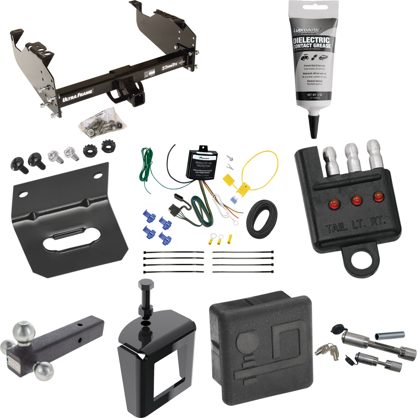 Fits 2007-2024 GMC Sierra 3500 HD Trailer Hitch Tow PKG w/ 4-Flat Wiring Harness + Triple Ball Ball Mount 1-7/8" & 2" & 2-5/16" Trailer Balls + Dual Hitch & Coupler Locks + Hitch Cover + Wiring Bracket + Wiring Tester + Electric Grease + Anti Rattle