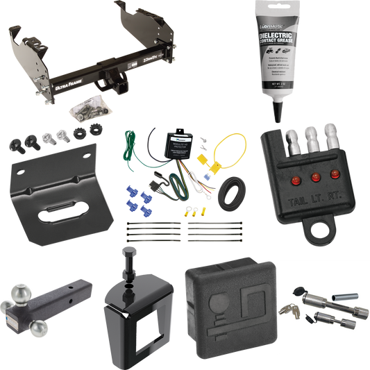 Fits 2007-2024 GMC Sierra 3500 HD Trailer Hitch Tow PKG w/ 4-Flat Wiring Harness + Triple Ball Ball Mount 1-7/8" & 2" & 2-5/16" Trailer Balls + Dual Hitch & Coupler Locks + Hitch Cover + Wiring Bracket + Wiring Tester + Electric Grease + Anti Rattle