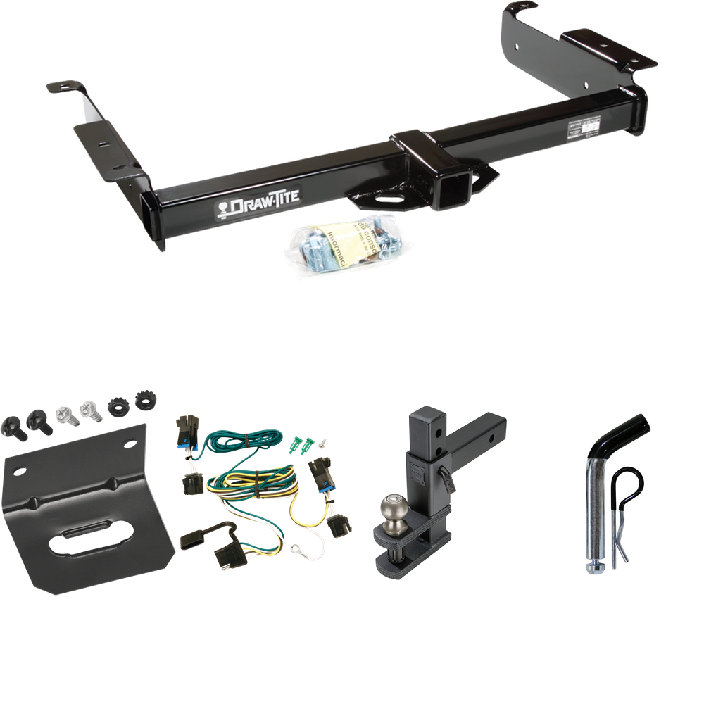 Fits 2003-2023 GMC Savana 2500 Trailer Hitch Tow PKG w/ 4-Flat Wiring Harness + Adjustable Drop Rise Clevis Hitch Ball Mount w/ 2" Ball + Pin/Clip + Wiring Bracket By Draw-Tite