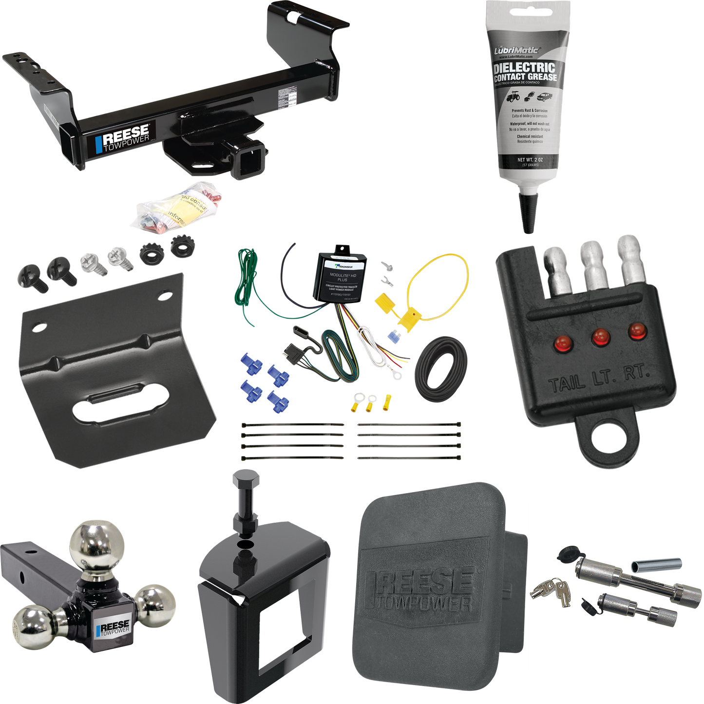 Fits 2007-2010 Dodge Ram 3500 Trailer Hitch Tow PKG w/ 4-Flat Wiring Harness + Triple Ball Ball Mount 1-7/8" & 2" & 2-5/16" Trailer Balls + Dual Hitch & Coupler Locks + Hitch Cover + Wiring Bracket + Wiring Tester + Electric Grease + Anti Rattle Devi