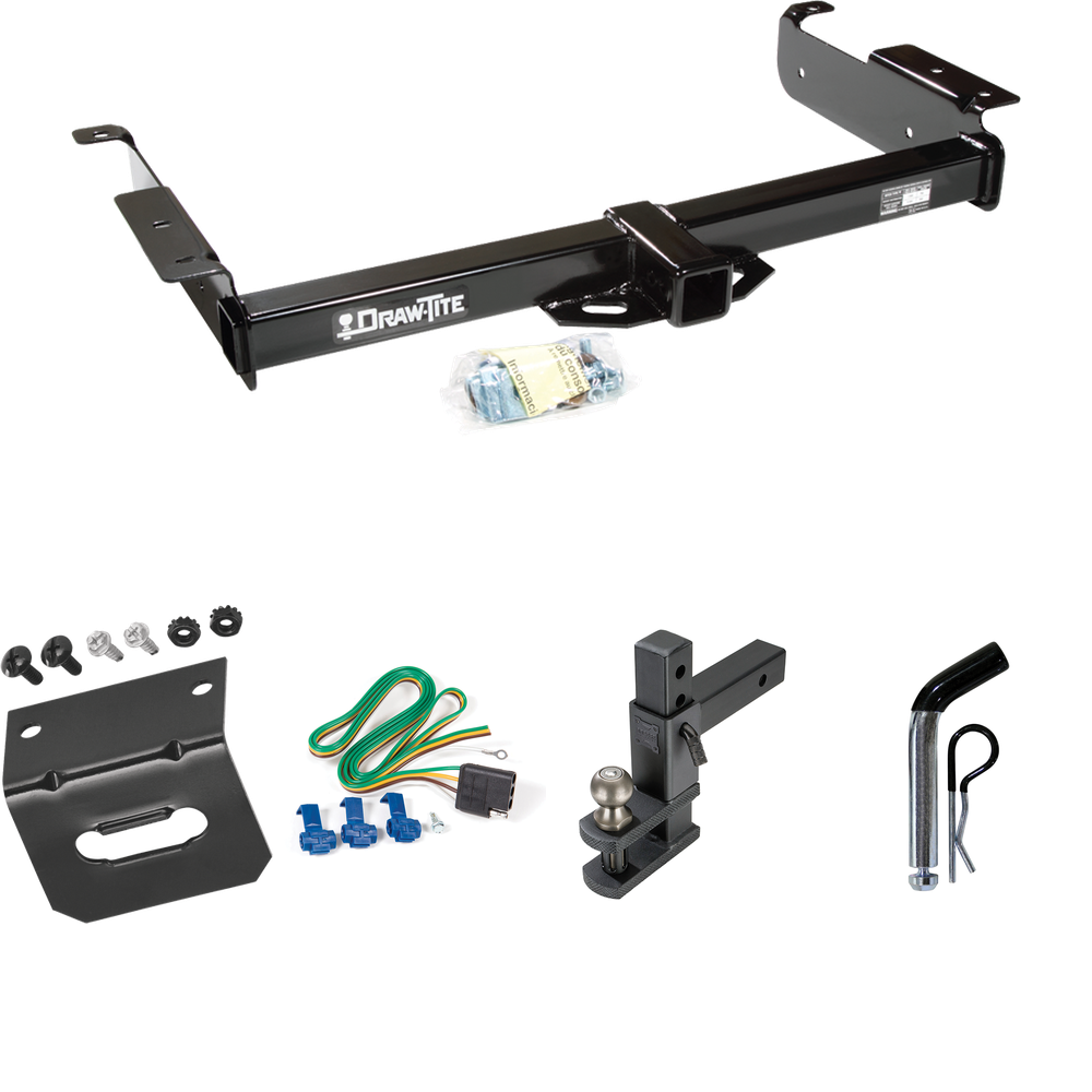 Fits 1996-1999 Chevrolet Express 2500 Trailer Hitch Tow PKG w/ 4-Flat Wiring Harness + Adjustable Drop Rise Clevis Hitch Ball Mount w/ 2" Ball + Pin/Clip + Wiring Bracket By Draw-Tite