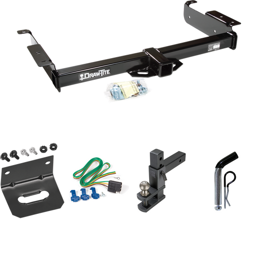 Se adapta al paquete de enganche de remolque Chevrolet Express 2500 1996-1999 con arnés de cableado de 4 planos + soporte de bola de enganche de elevación de caída ajustable con bola de 2" + pasador/clip + soporte de cableado de Draw-Tite