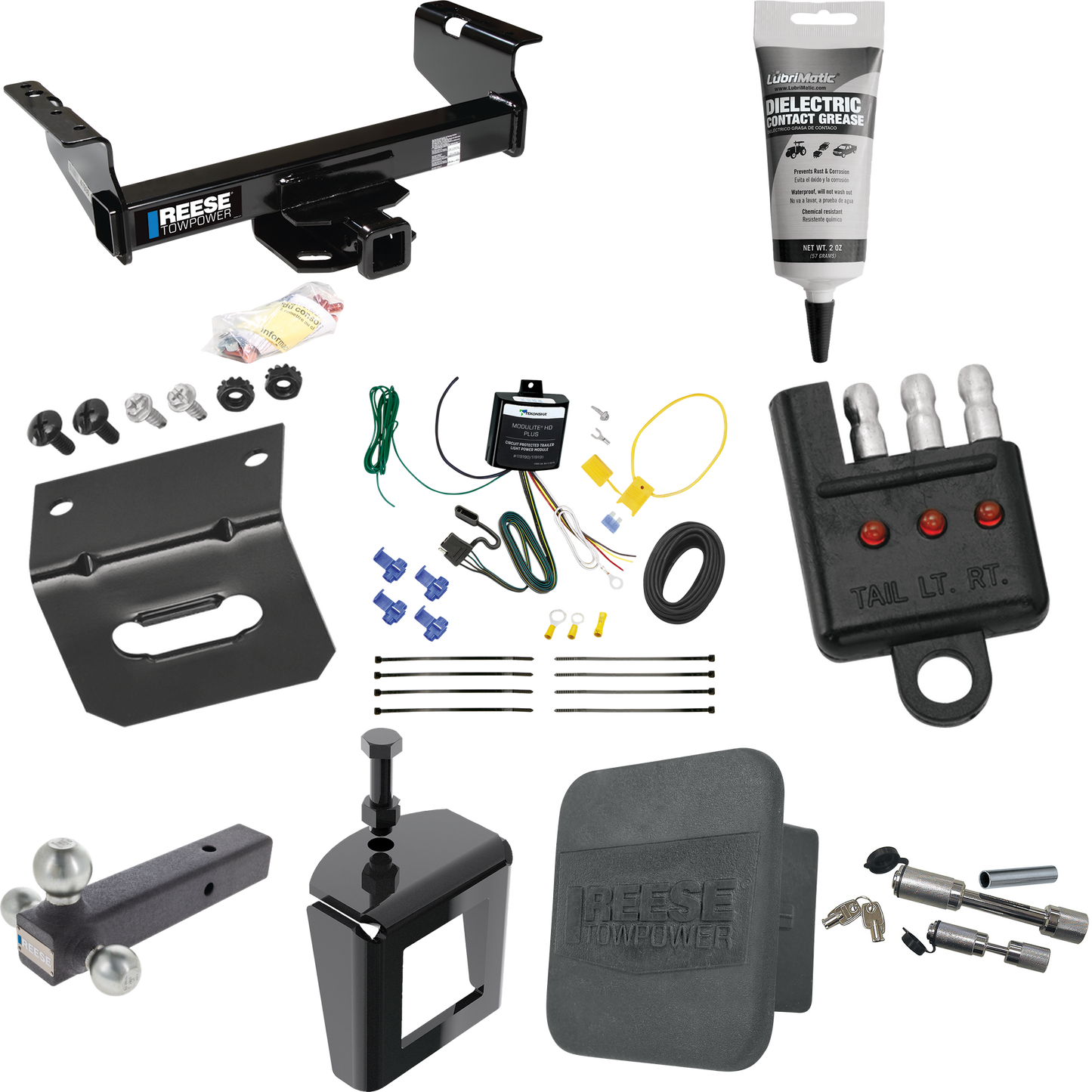 Fits 2007-2023 GMC Sierra 3500 HD Trailer Hitch Tow PKG w/ 4-Flat Wiring Harness + Triple Ball Ball Mount 1-7/8" & 2" & 2-5/16" Trailer Balls + Dual Hitch & Coupler Locks + Hitch Cover + Wiring Bracket + Wiring Tester + Electric Grease + Anti Rattle