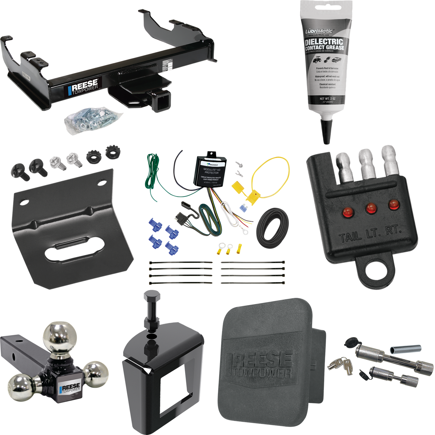 Fits 2007-2023 GMC Sierra 3500 HD Trailer Hitch Tow PKG w/ 4-Flat Wiring Harness + Triple Ball Ball Mount 1-7/8" & 2" & 2-5/16" Trailer Balls + Dual Hitch & Coupler Locks + Hitch Cover + Wiring Bracket + Wiring Tester + Electric Grease + Anti Rattle