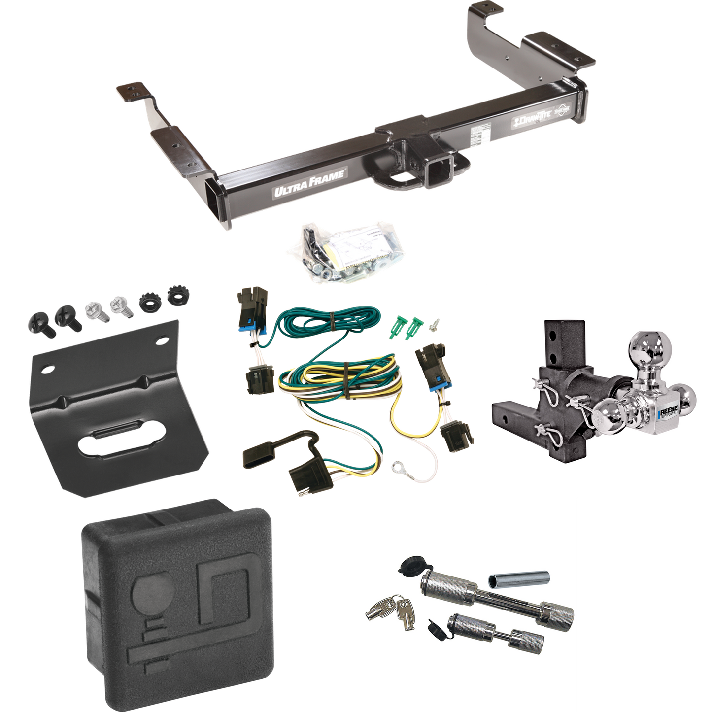 Fits 2003-2023 Chevrolet Express 3500 Trailer Hitch Tow PKG w/ 4-Flat Wiring Harness + Adjustable Drop Rise Triple Ball Ball Mount 1-7/8" & 2" & 2-5/16" Trailer Balls + Dual Hitch & Coupler Locks + Hitch Cover + Wiring Bracket By Draw-Tite