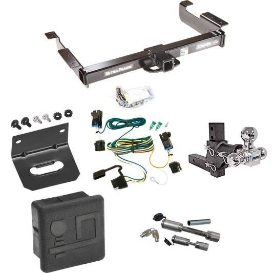 Fits 2003-2023 Chevrolet Express 3500 Trailer Hitch Tow PKG w/ 4-Flat Wiring Harness + Adjustable Drop Rise Triple Ball Ball Mount 1-7/8" & 2" & 2-5/16" Trailer Balls + Dual Hitch & Coupler Locks + Hitch Cover + Wiring Bracket By Draw-Tite