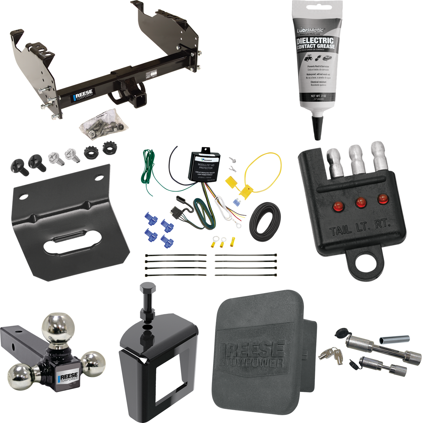 Fits 2007-2010 Dodge Ram 3500 Trailer Hitch Tow PKG w/ 4-Flat Wiring Harness + Triple Ball Ball Mount 1-7/8" & 2" & 2-5/16" Trailer Balls + Dual Hitch & Coupler Locks + Hitch Cover + Wiring Bracket + Wiring Tester + Electric Grease + Anti Rattle Devi