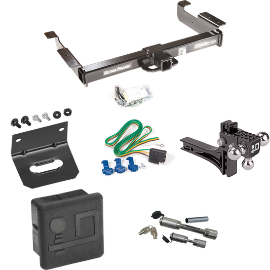 Fits 1996-1999 GMC Savana 1500 Trailer Hitch Tow PKG w/ 4-Flat Wiring Harness + Adjustable Drop Rise Triple Ball Ball Mount 1-7/8" & 2" & 2-5/16" Trailer Balls + Dual Hitch & Coupler Locks + Hitch Cover + Wiring Bracket By Draw-Tite