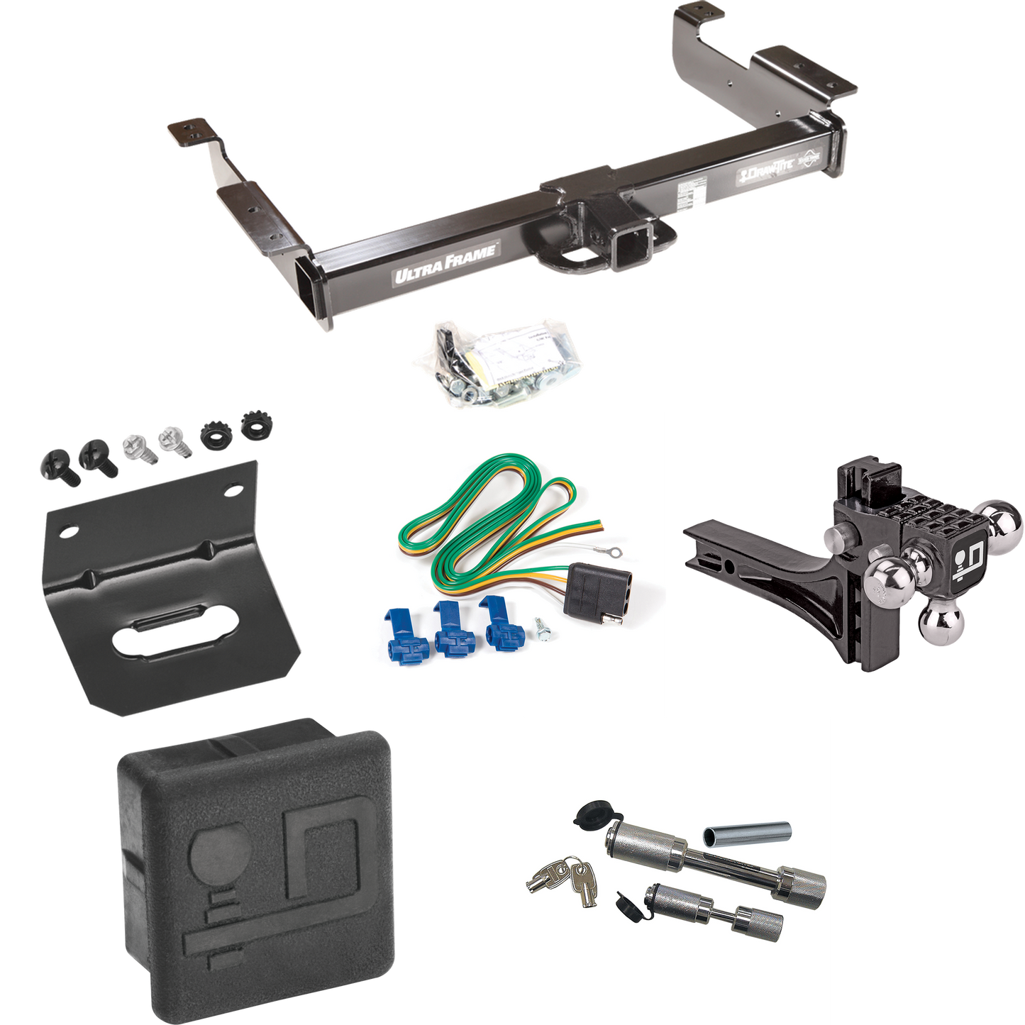 Fits 1996-1999 GMC Savana 2500 Trailer Hitch Tow PKG w/ 4-Flat Wiring Harness + Adjustable Drop Rise Triple Ball Ball Mount 1-7/8" & 2" & 2-5/16" Trailer Balls + Dual Hitch & Coupler Locks + Hitch Cover + Wiring Bracket By Draw-Tite