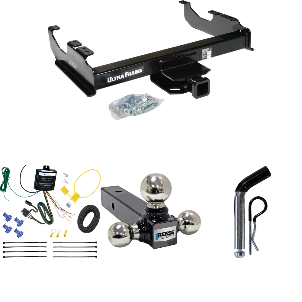 Fits 2007-2023 GMC Sierra 3500 HD Trailer Hitch Tow PKG w/ 4-Flat Wiring Harness + Triple Ball Ball Mount 1-7/8" & 2" & 2-5/16" Trailer Balls + Pin/Clip (For Cab & Chassis, w/34" Wide Frames Models) By Draw-Tite