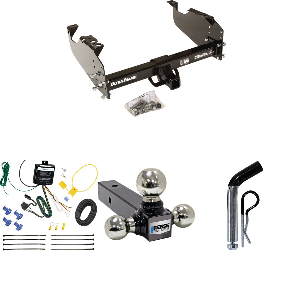 Fits 2007-2024 GMC Sierra 3500 HD Trailer Hitch Tow PKG w/ 4-Flat Wiring Harness + Triple Ball Ball Mount 1-7/8" & 2" & 2-5/16" Trailer Balls + Pin/Clip (For Cab & Chassis, w/34" Wide Frames Models) By Draw-Tite