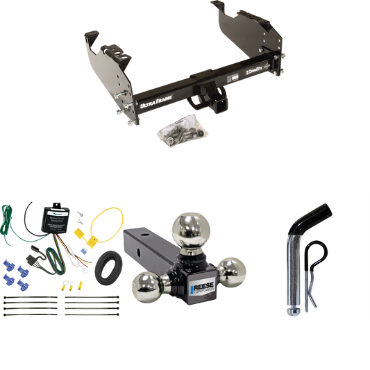 Fits 2007-2024 GMC Sierra 3500 HD Trailer Hitch Tow PKG w/ 4-Flat Wiring Harness + Triple Ball Ball Mount 1-7/8" & 2" & 2-5/16" Trailer Balls + Pin/Clip (For Cab & Chassis, w/34" Wide Frames Models) By Draw-Tite