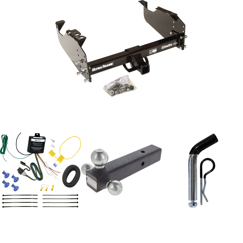 Fits 2007-2024 GMC Sierra 3500 HD Trailer Hitch Tow PKG w/ 4-Flat Wiring Harness + Triple Ball Ball Mount 1-7/8" & 2" & 2-5/16" Trailer Balls + Pin/Clip (For Cab & Chassis, w/34" Wide Frames Models) By Draw-Tite