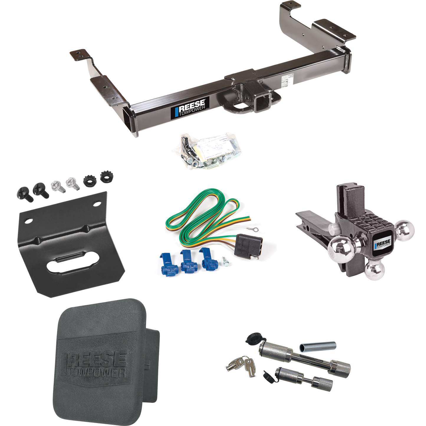 Fits 1996-1999 Chevrolet Express 3500 Trailer Hitch Tow PKG w/ 4-Flat Wiring Harness + Adjustable Drop Rise Triple Ball Ball Mount 1-7/8" & 2" & 2-5/16" Trailer Balls + Dual Hitch & Coupler Locks + Hitch Cover + Wiring Bracket By Reese Towpower