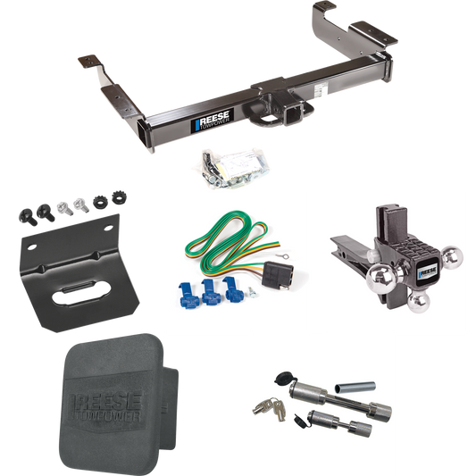 Fits 1996-1999 Chevrolet Express 3500 Trailer Hitch Tow PKG w/ 4-Flat Wiring Harness + Adjustable Drop Rise Triple Ball Ball Mount 1-7/8" & 2" & 2-5/16" Trailer Balls + Dual Hitch & Coupler Locks + Hitch Cover + Wiring Bracket By Reese Towpower