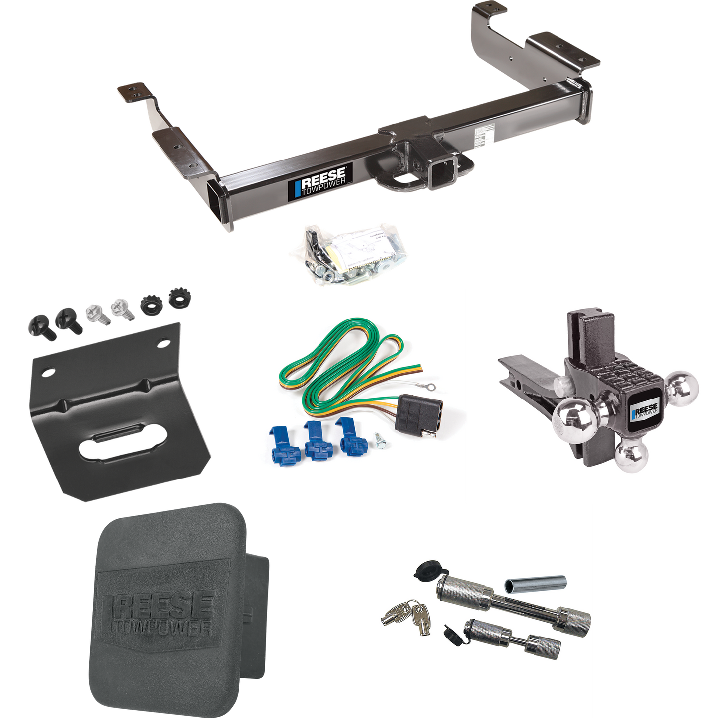 Fits 1996-1999 Chevrolet Express 1500 Trailer Hitch Tow PKG w/ 4-Flat Wiring Harness + Adjustable Drop Rise Triple Ball Ball Mount 1-7/8" & 2" & 2-5/16" Trailer Balls + Dual Hitch & Coupler Locks + Hitch Cover + Wiring Bracket By Reese Towpower