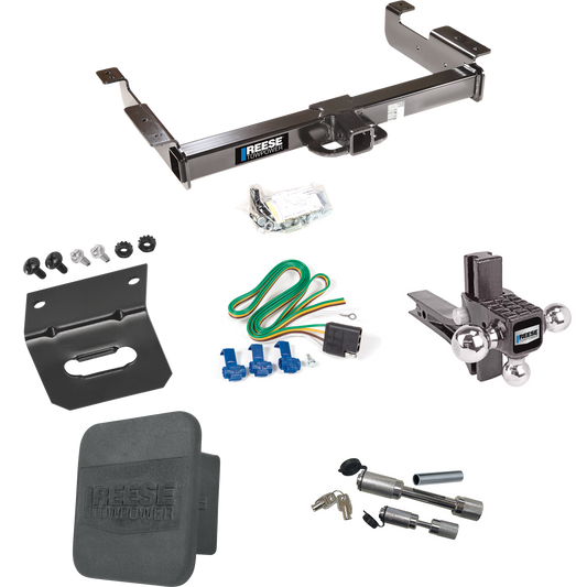 Fits 1996-1999 Chevrolet Express 1500 Trailer Hitch Tow PKG w/ 4-Flat Wiring Harness + Adjustable Drop Rise Triple Ball Ball Mount 1-7/8" & 2" & 2-5/16" Trailer Balls + Dual Hitch & Coupler Locks + Hitch Cover + Wiring Bracket By Reese Towpower