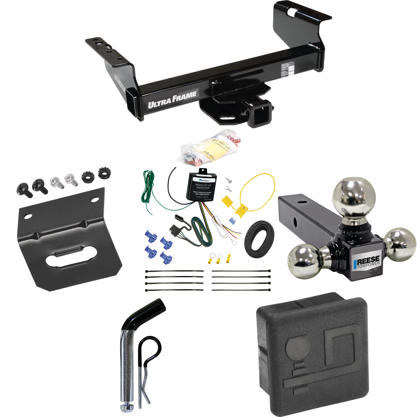 Fits 2007-2024 GMC Sierra 3500 HD Trailer Hitch Tow PKG w/ 4-Flat Wiring Harness + Triple Ball Ball Mount 1-7/8" & 2" & 2-5/16" Trailer Balls + Pin/Clip + Hitch Cover + Wiring Bracket (For Cab & Chassis, w/34" Wide Frames Models) By Draw-Tite