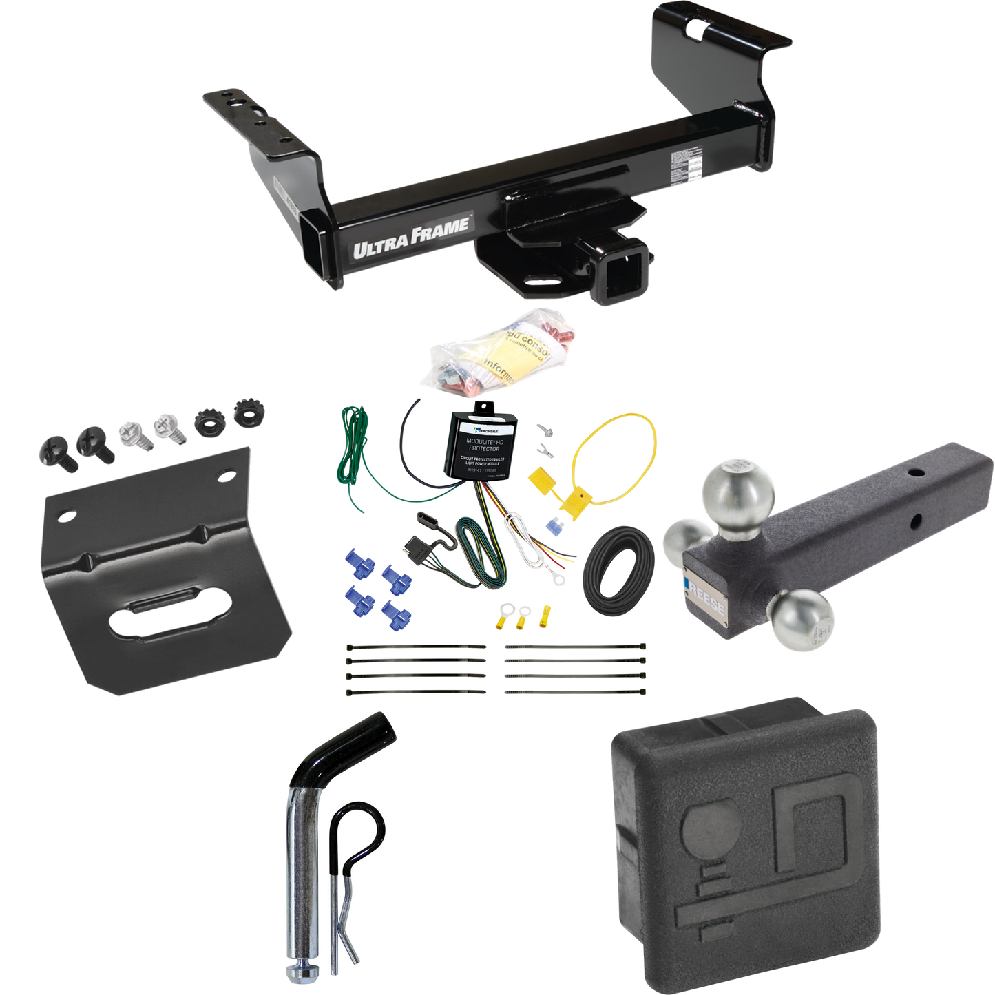 Fits 2007-2024 GMC Sierra 3500 HD Trailer Hitch Tow PKG w/ 4-Flat Wiring Harness + Triple Ball Ball Mount 1-7/8" & 2" & 2-5/16" Trailer Balls + Pin/Clip + Hitch Cover + Wiring Bracket (For Cab & Chassis, w/34" Wide Frames Models) By Draw-Tite