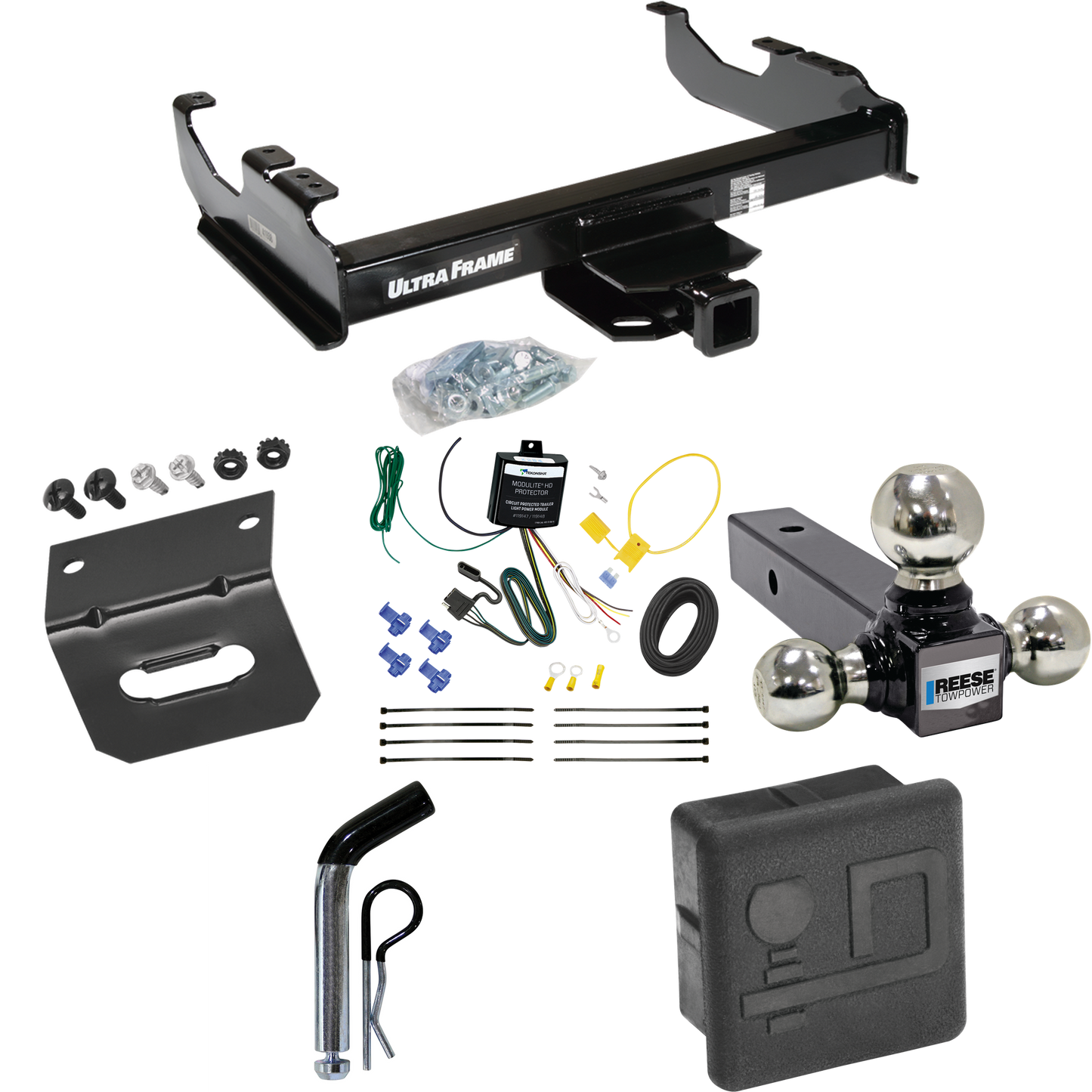 Fits 2007-2023 GMC Sierra 3500 HD Trailer Hitch Tow PKG w/ 4-Flat Wiring Harness + Triple Ball Ball Mount 1-7/8" & 2" & 2-5/16" Trailer Balls + Pin/Clip + Hitch Cover + Wiring Bracket (For Cab & Chassis, w/34" Wide Frames Models) By Draw-Tite