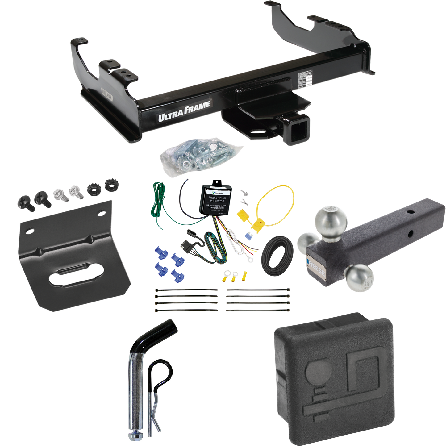 Fits 2007-2023 GMC Sierra 3500 HD Trailer Hitch Tow PKG w/ 4-Flat Wiring Harness + Triple Ball Ball Mount 1-7/8" & 2" & 2-5/16" Trailer Balls + Pin/Clip + Hitch Cover + Wiring Bracket (For Cab & Chassis, w/34" Wide Frames Models) By Draw-Tite