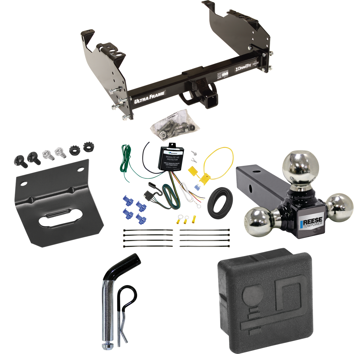 Fits 2007-2024 GMC Sierra 3500 HD Trailer Hitch Tow PKG w/ 4-Flat Wiring Harness + Triple Ball Ball Mount 1-7/8" & 2" & 2-5/16" Trailer Balls + Pin/Clip + Hitch Cover + Wiring Bracket (For Cab & Chassis, w/34" Wide Frames Models) By Draw-Tite