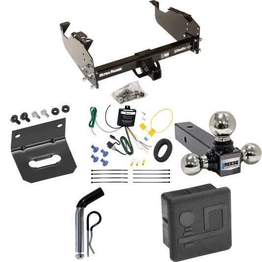 Fits 2007-2024 GMC Sierra 3500 HD Trailer Hitch Tow PKG w/ 4-Flat Wiring Harness + Triple Ball Ball Mount 1-7/8" & 2" & 2-5/16" Trailer Balls + Pin/Clip + Hitch Cover + Wiring Bracket (For Cab & Chassis, w/34" Wide Frames Models) By Draw-Tite