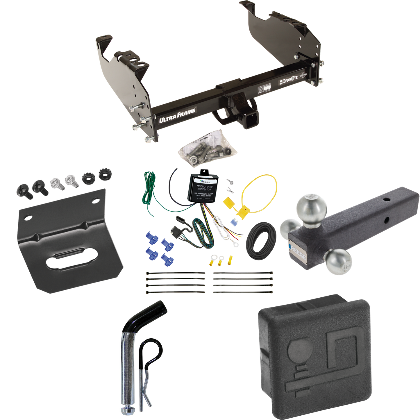 Fits 2007-2024 GMC Sierra 3500 HD Trailer Hitch Tow PKG w/ 4-Flat Wiring Harness + Triple Ball Ball Mount 1-7/8" & 2" & 2-5/16" Trailer Balls + Pin/Clip + Hitch Cover + Wiring Bracket (For Cab & Chassis, w/34" Wide Frames Models) By Draw-Tite