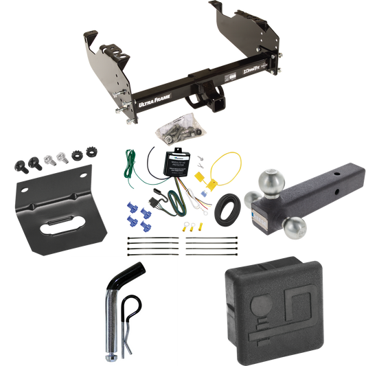 Fits 2007-2024 GMC Sierra 3500 HD Trailer Hitch Tow PKG w/ 4-Flat Wiring Harness + Triple Ball Ball Mount 1-7/8" & 2" & 2-5/16" Trailer Balls + Pin/Clip + Hitch Cover + Wiring Bracket (For Cab & Chassis, w/34" Wide Frames Models) By Draw-Tite