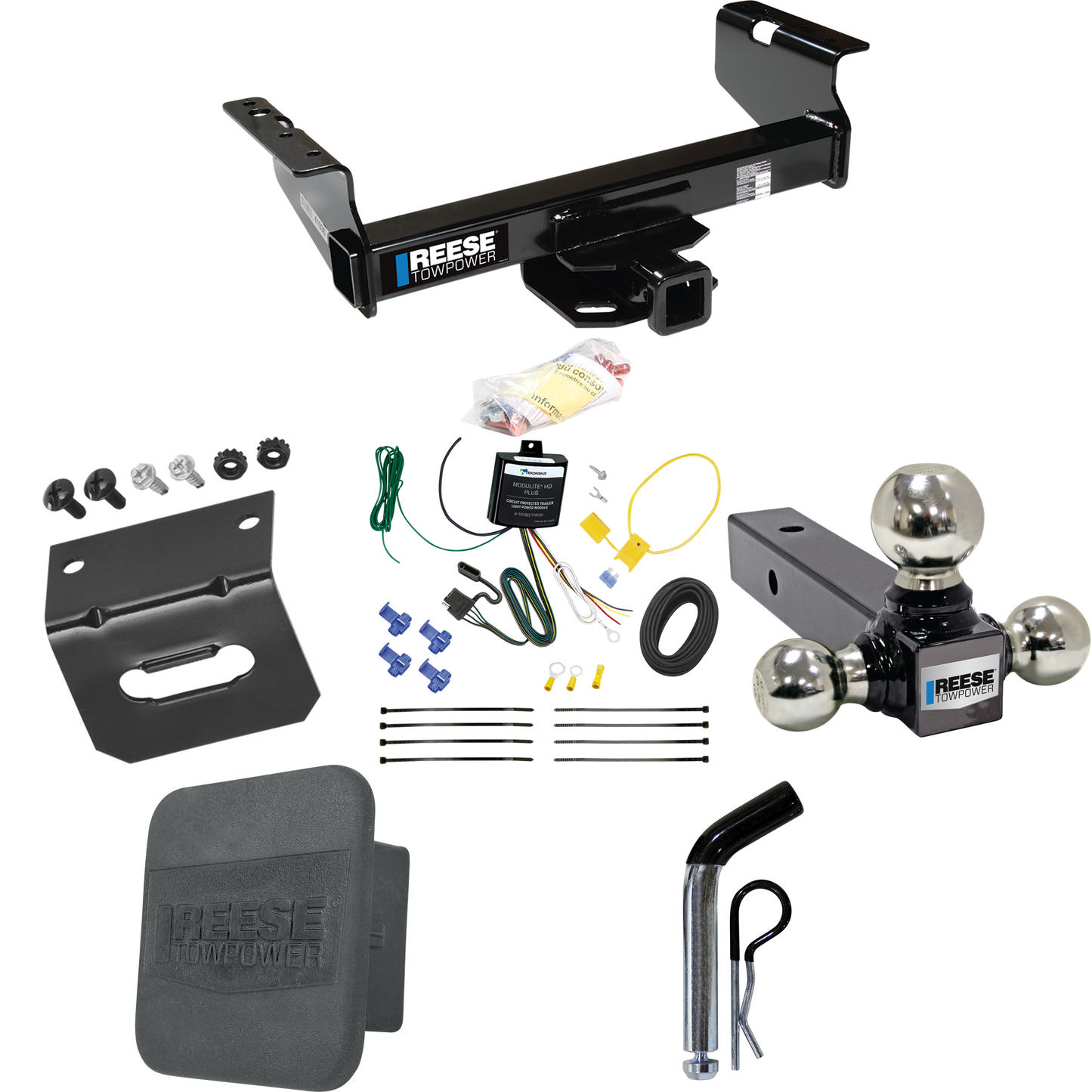 Fits 2007-2023 GMC Sierra 3500 HD Trailer Hitch Tow PKG w/ 4-Flat Wiring Harness + Triple Ball Ball Mount 1-7/8" & 2" & 2-5/16" Trailer Balls + Pin/Clip + Hitch Cover + Wiring Bracket (For Cab & Chassis, w/34" Wide Frames Models) By Reese Towpower