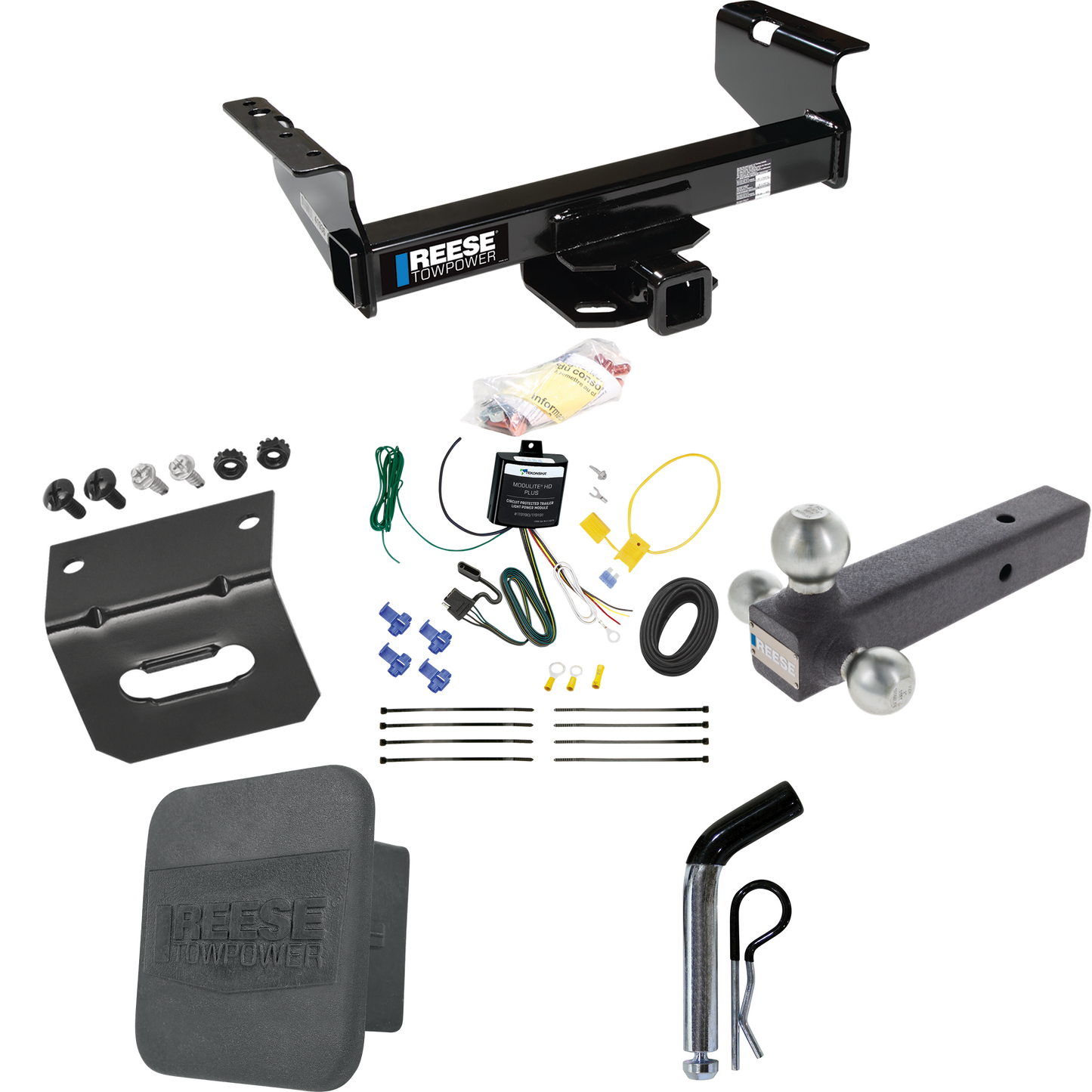 Fits 2007-2023 GMC Sierra 3500 HD Trailer Hitch Tow PKG w/ 4-Flat Wiring Harness + Triple Ball Ball Mount 1-7/8" & 2" & 2-5/16" Trailer Balls + Pin/Clip + Hitch Cover + Wiring Bracket (For Cab & Chassis, w/34" Wide Frames Models) By Reese Towpower