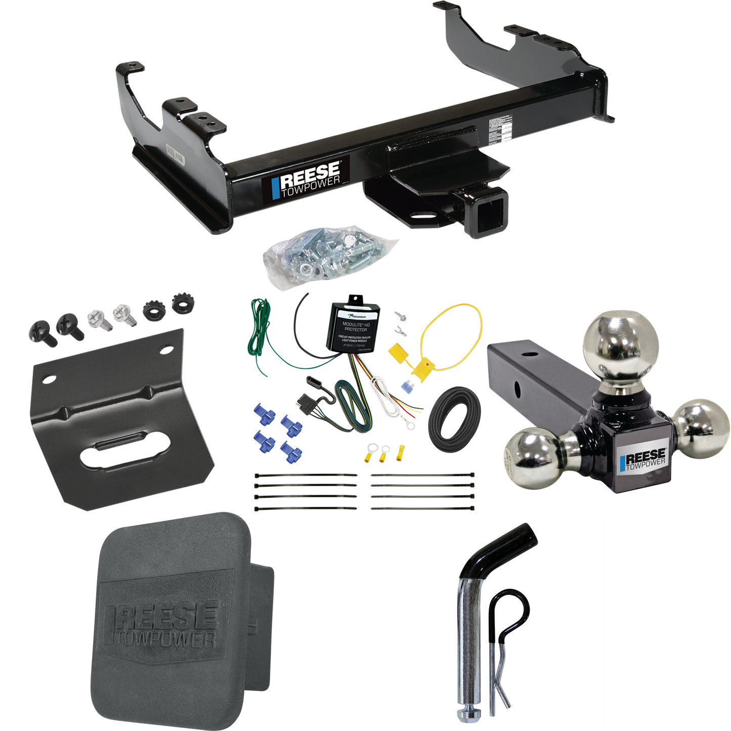 Fits 2007-2023 GMC Sierra 3500 HD Trailer Hitch Tow PKG w/ 4-Flat Wiring Harness + Triple Ball Ball Mount 1-7/8" & 2" & 2-5/16" Trailer Balls + Pin/Clip + Hitch Cover + Wiring Bracket (For Cab & Chassis, w/34" Wide Frames Models) By Reese Towpower