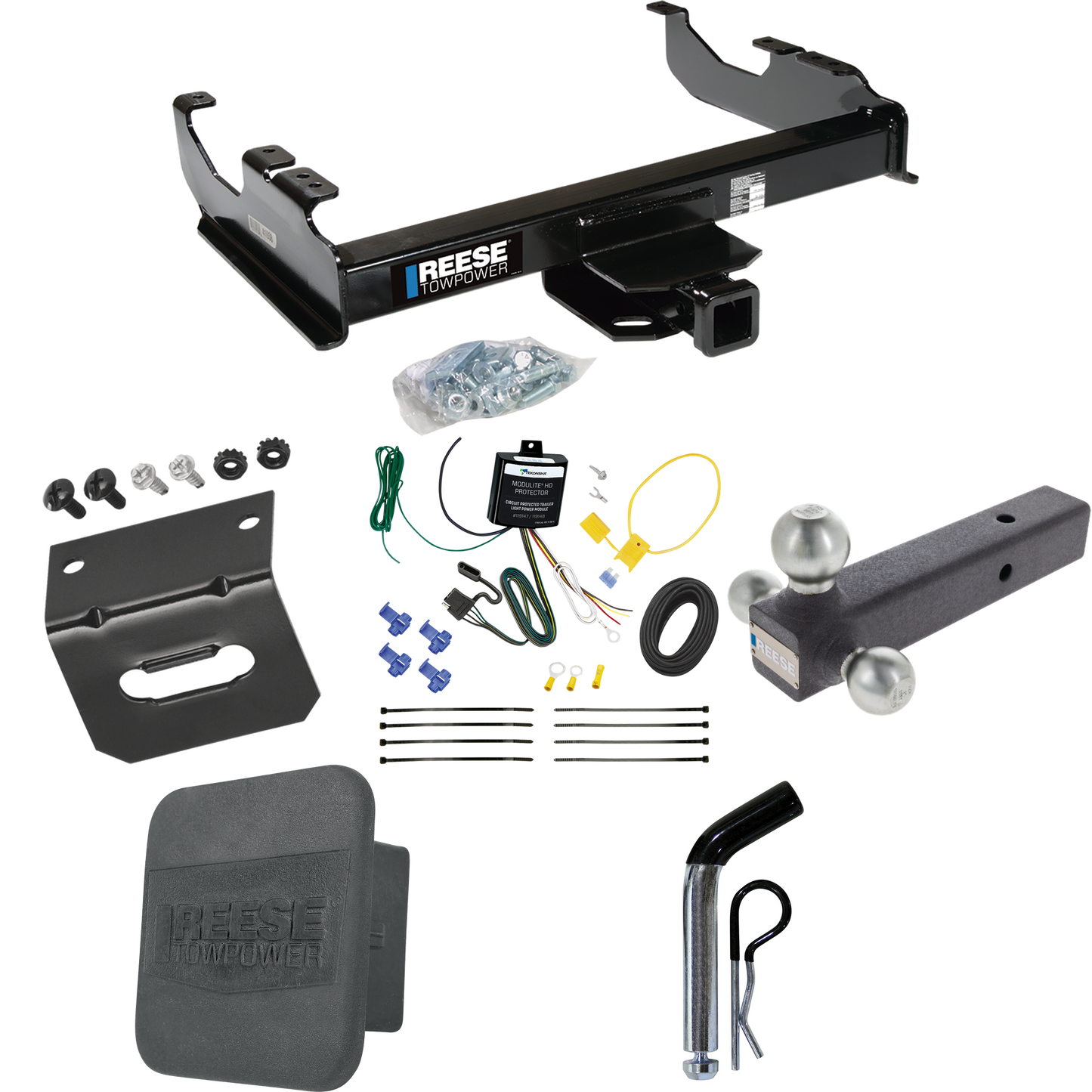 Fits 2007-2023 GMC Sierra 3500 HD Trailer Hitch Tow PKG w/ 4-Flat Wiring Harness + Triple Ball Ball Mount 1-7/8" & 2" & 2-5/16" Trailer Balls + Pin/Clip + Hitch Cover + Wiring Bracket (For Cab & Chassis, w/34" Wide Frames Models) By Reese Towpower