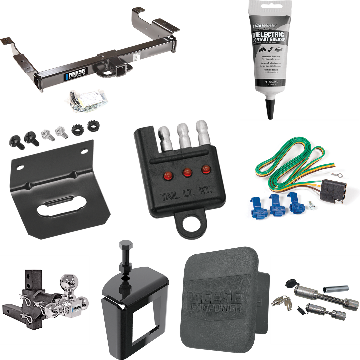 Fits 1996-1999 Chevrolet Express 3500 Trailer Hitch Tow PKG w/ 4-Flat Wiring Harness + Adjustable Drop Rise Triple Ball Ball Mount 1-7/8" & 2" & 2-5/16" Trailer Balls + Dual Hitch & Coupler Locks + Hitch Cover + Wiring Bracket + Wiring Tester + Elect